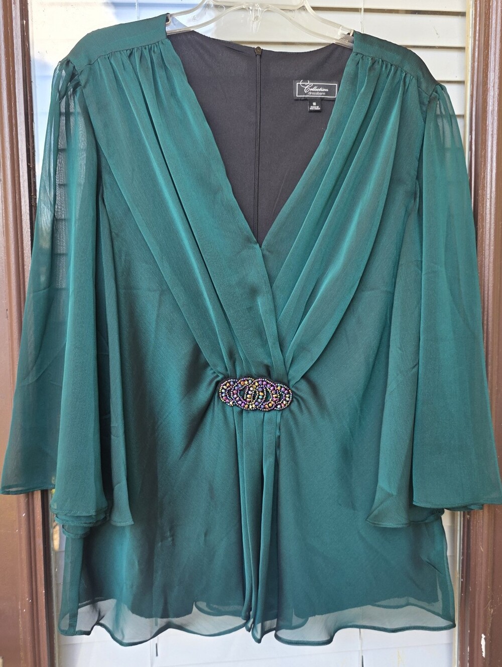 Collection Dressbarn Green Blouse Woman 16 Sheer Sleeve Jewel Detail Lined